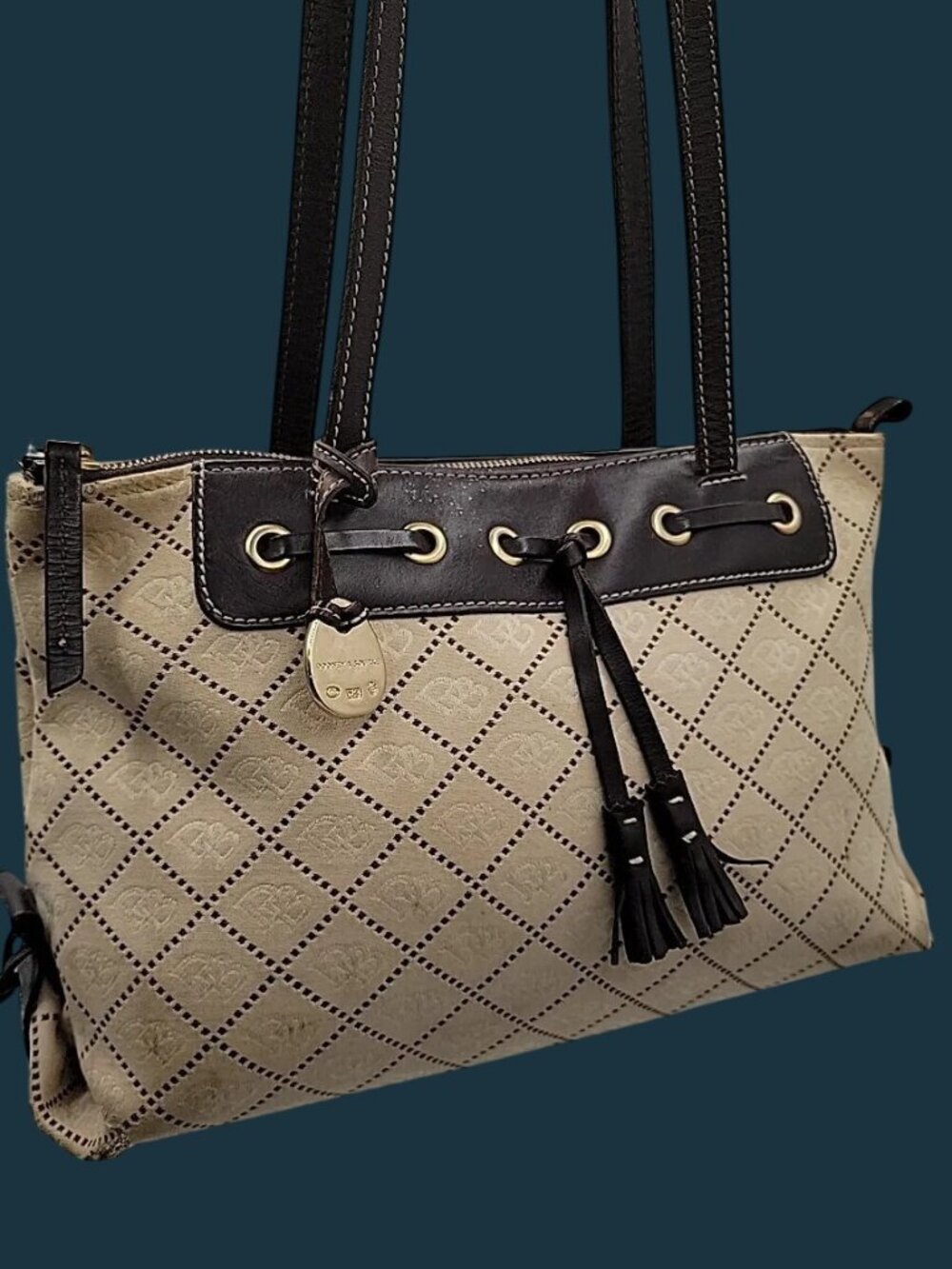 Vintage Dooney & Bourke Signature Tassel Tote Bag Jacquard Monogram Satchel - Picture 5 of 16